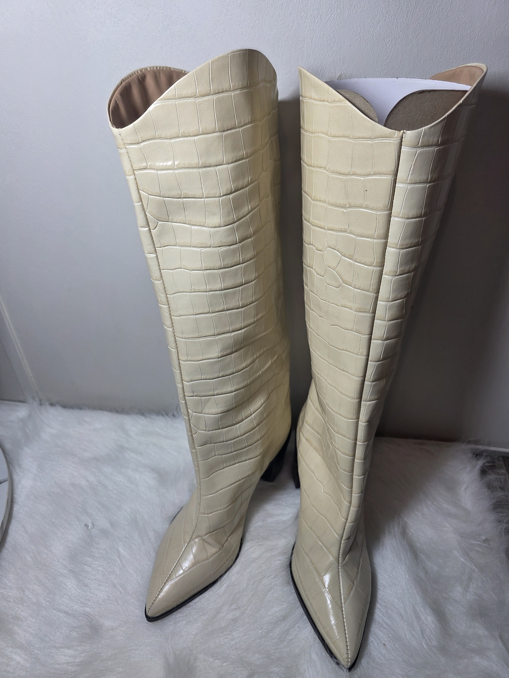 SCHUTZ Cream Croc-Embossed Over-the-Knee Boots